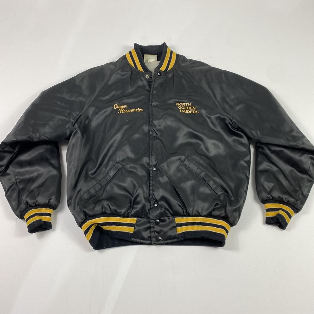 Vintage North Golden Raiders Coach Jacket Mens Black Satin Quilted Snap USA 90s